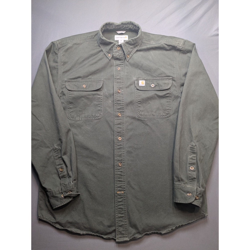 Carhartt Mens Heavyweight Green Long Sleeve Button Down Work Shirt Original Fit